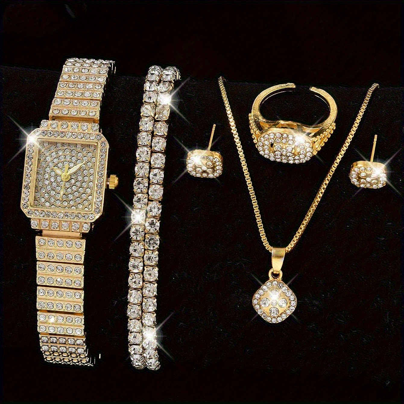 

7pcs/set Women's Shiny Rhinestone Quartz Watch Rectangle Golden Fashion Analog Wrist Watch & Jewelry Set, Gift For Mom Her