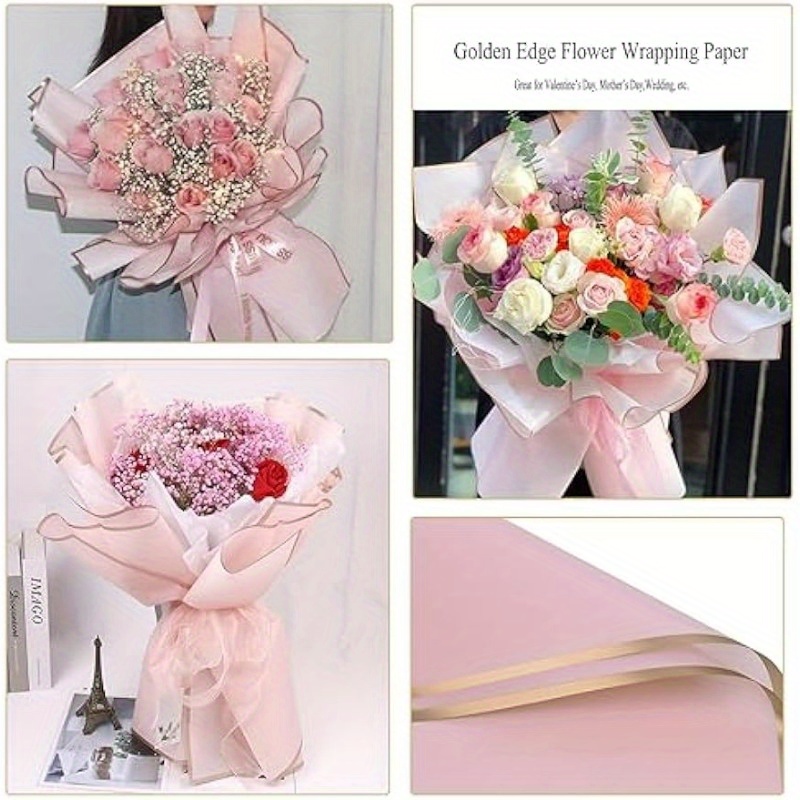 Kosotody 40 Sheets Pink Color Flower Wrapping Paper Gold Edge Waterproof Florist Bouquet Supplies Flower Paper for Bouquets DIY Crafts Packaging