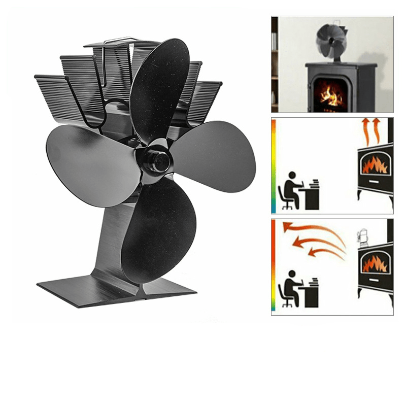 Ventilador de estufa alimentado por calor de 4 aspas, chimenea negra,  quemador de leña, respetuoso con el medio ambiente, silencioso,  distribución eficiente del calor en el hogar