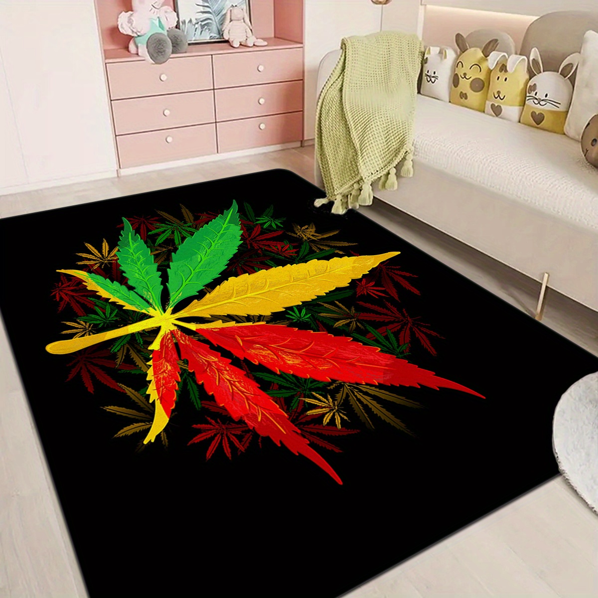 1pc psychedelic leaf print area rugs soft plush anti slip rug stain resistant machine washable for living room bedroom home decor room decor details 1