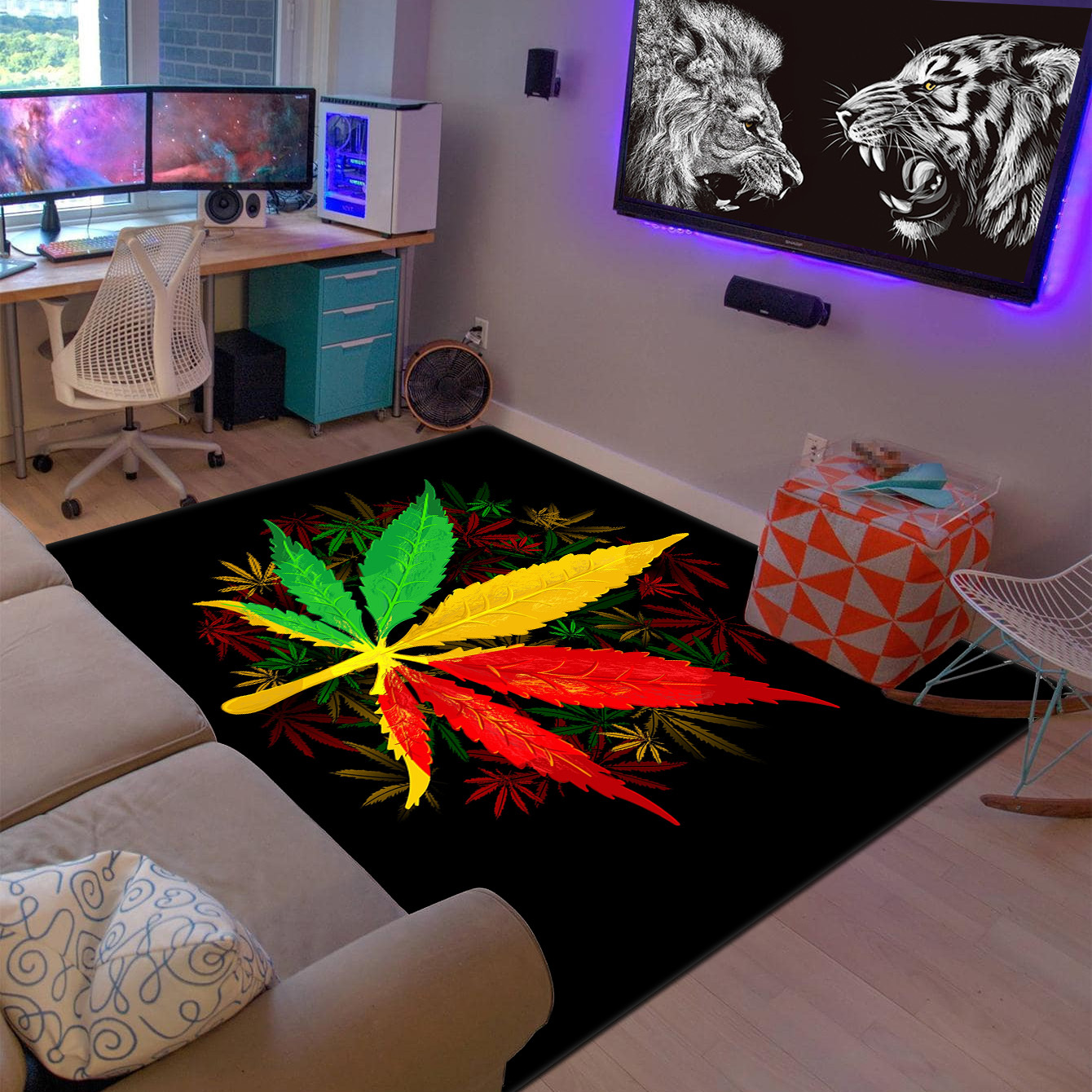 1pc psychedelic leaf print area rugs soft plush anti slip rug stain resistant machine washable for living room bedroom home decor room decor details 2