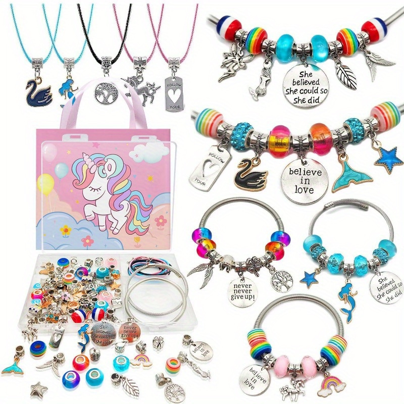 Bead For Jewelry Making Kit, Kids Unicorn DIY Bead Bracelets Making Kit,  Art And Craft Kits DIY Bracelets Necklace Hairband And Rings Toy For Age 6 7