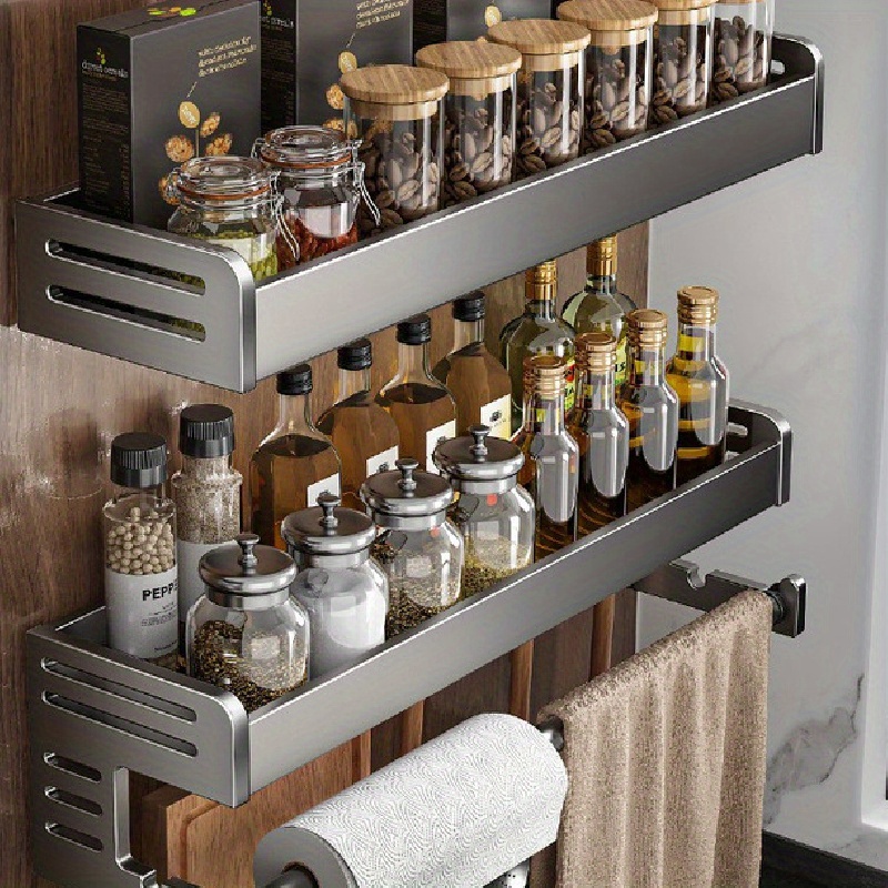 1pc Kitchen Storage Rack, Wall Mounted Spice Organizer For Seasoning Jars,  No Drilling Required