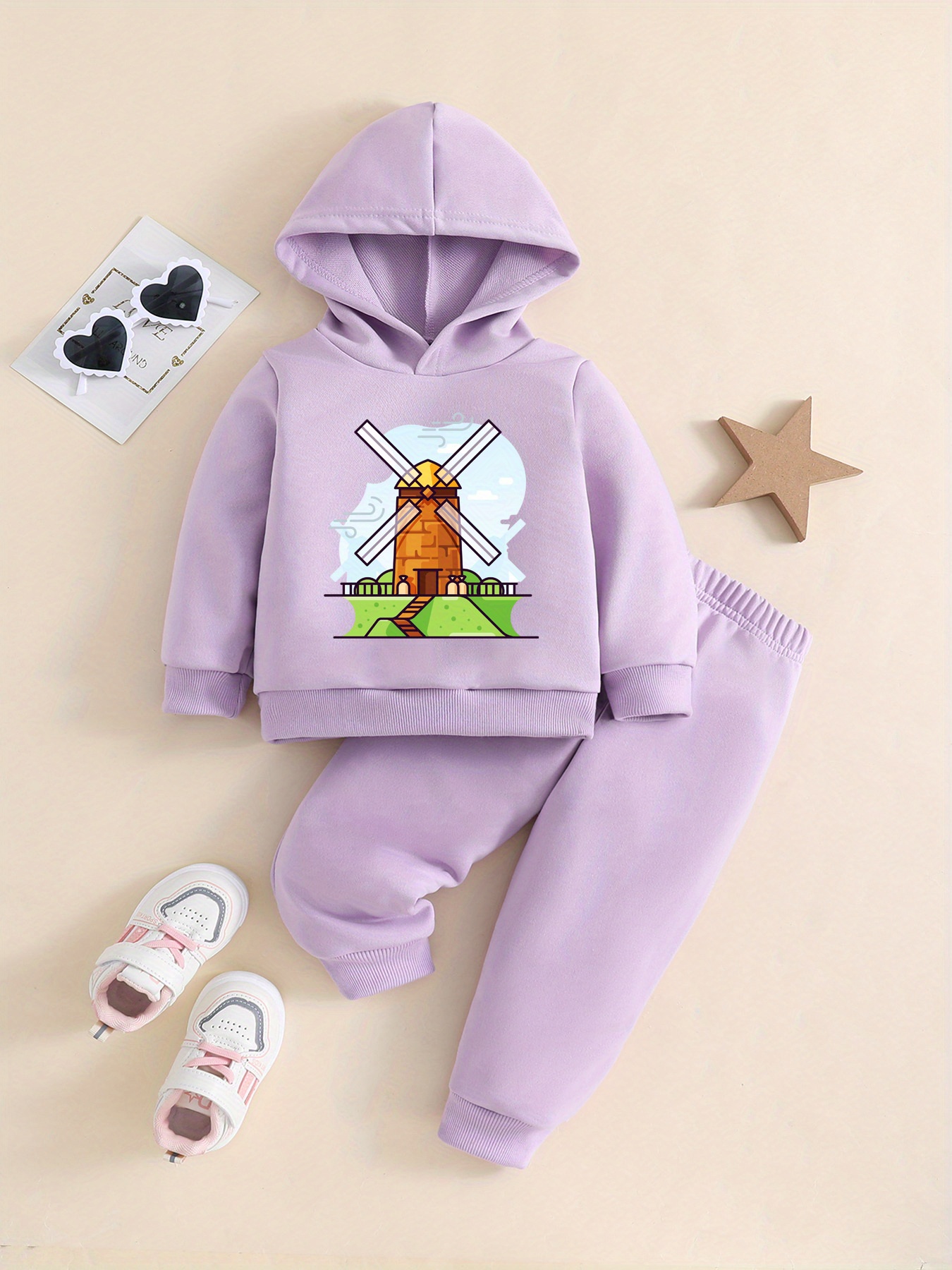 Creative Windmill Drawing Graphic Hoodie Trousers Set, Toddler