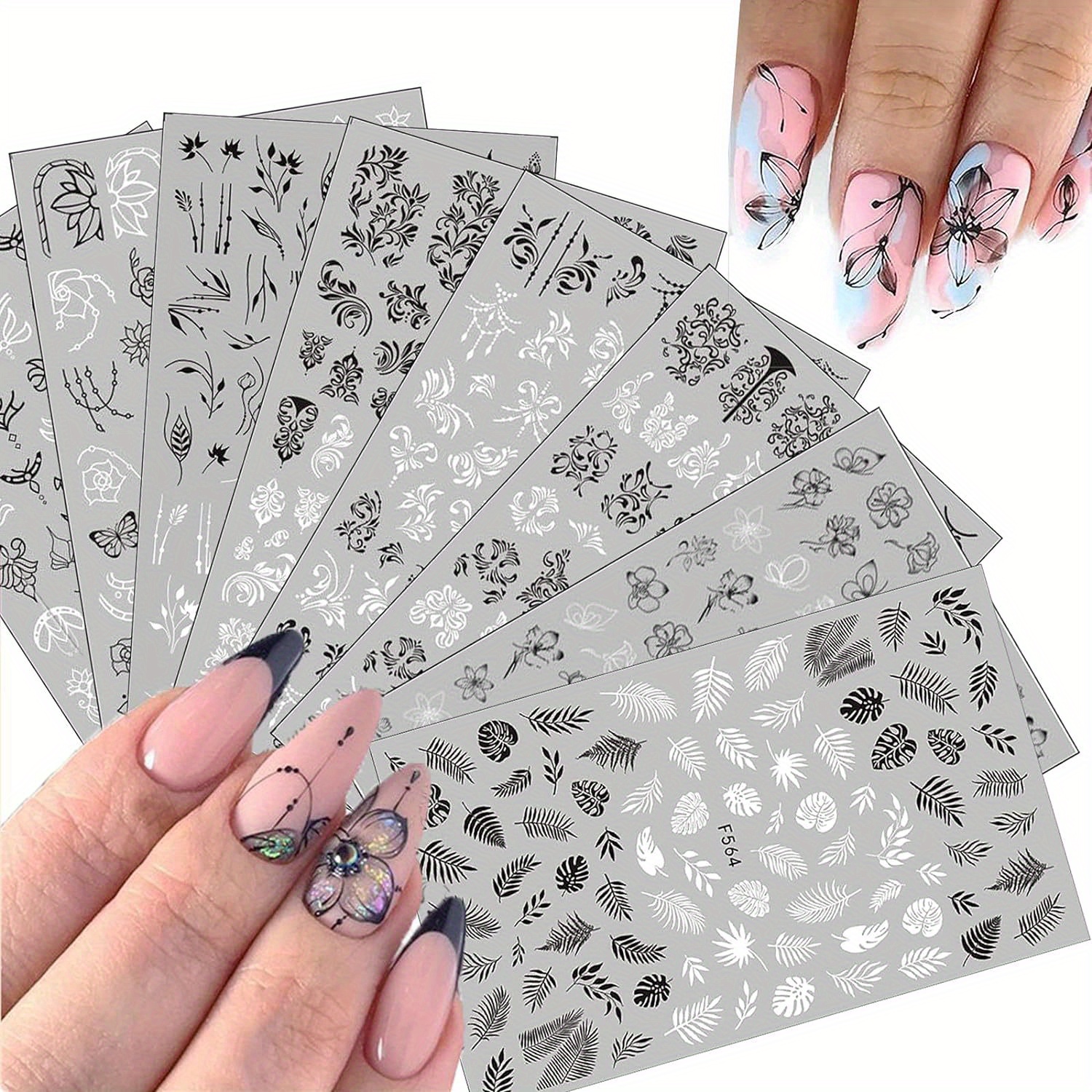 

8 Sheets Black White Nail Art Stickers Decals 3d Leaves Retro Flower Vine Pattern Nail Decals French Classic Simple Self Adhesive Sticker For Women Girls Nails Art Nail Decoration