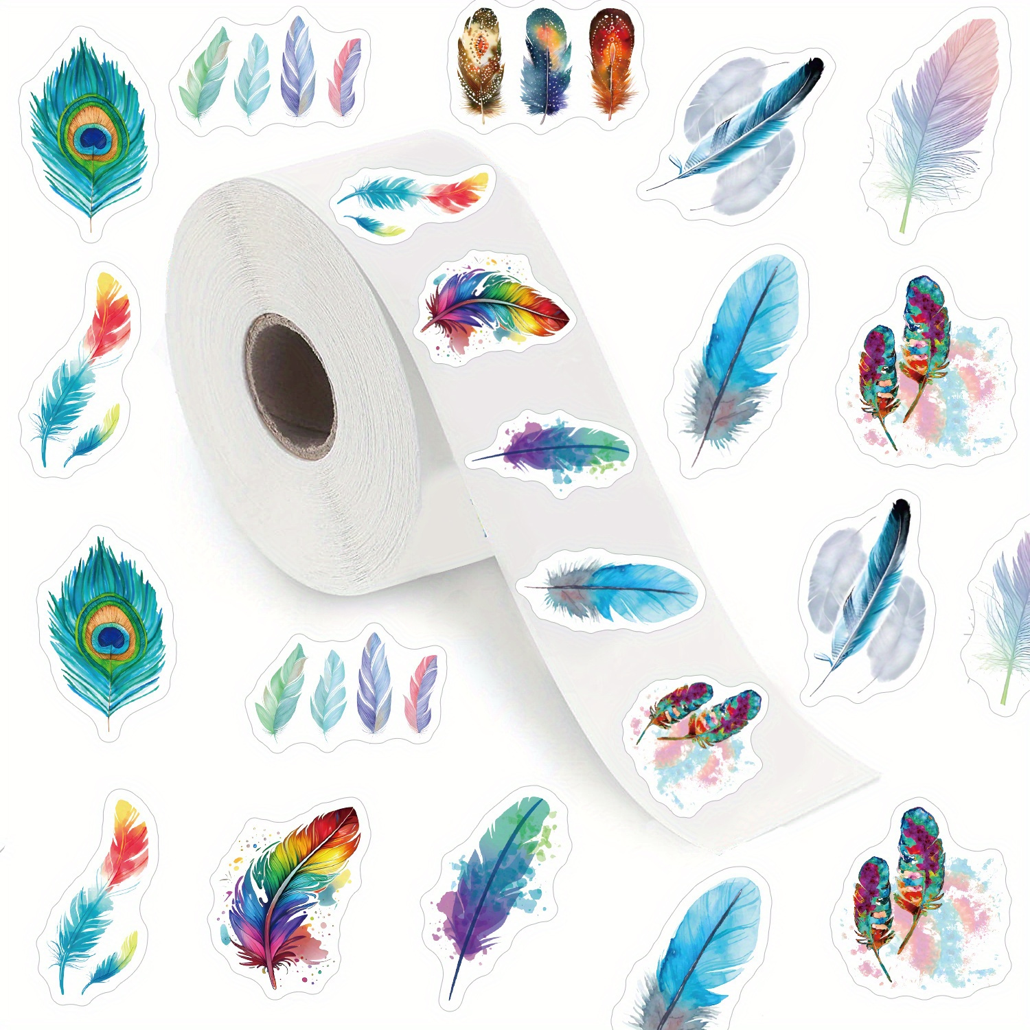 

500pcs Cartoon Beautiful Multicolored Feathers Stickers, Suitable For Computer Skateboard Suitcase Water Bottle Phone Case