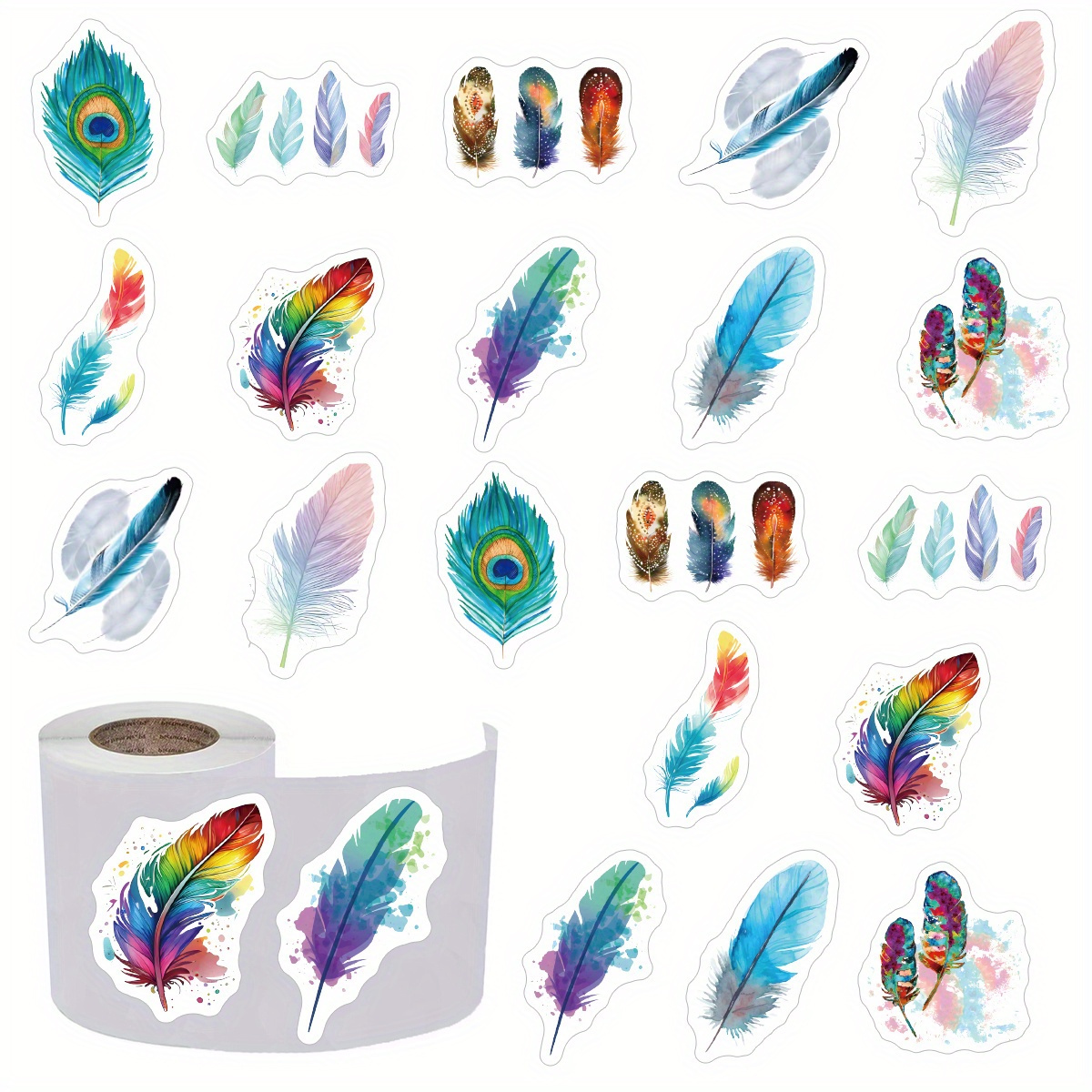 Image of 500pcs Cartoon Beautiful Multicolored Feathers Stickers, Decals Rolls Self Adhesive Seals Skateboard, Guitar, Water Cup, Luggage, Helmet, Laptop, (1 Inch Labels / 10 Patterns )