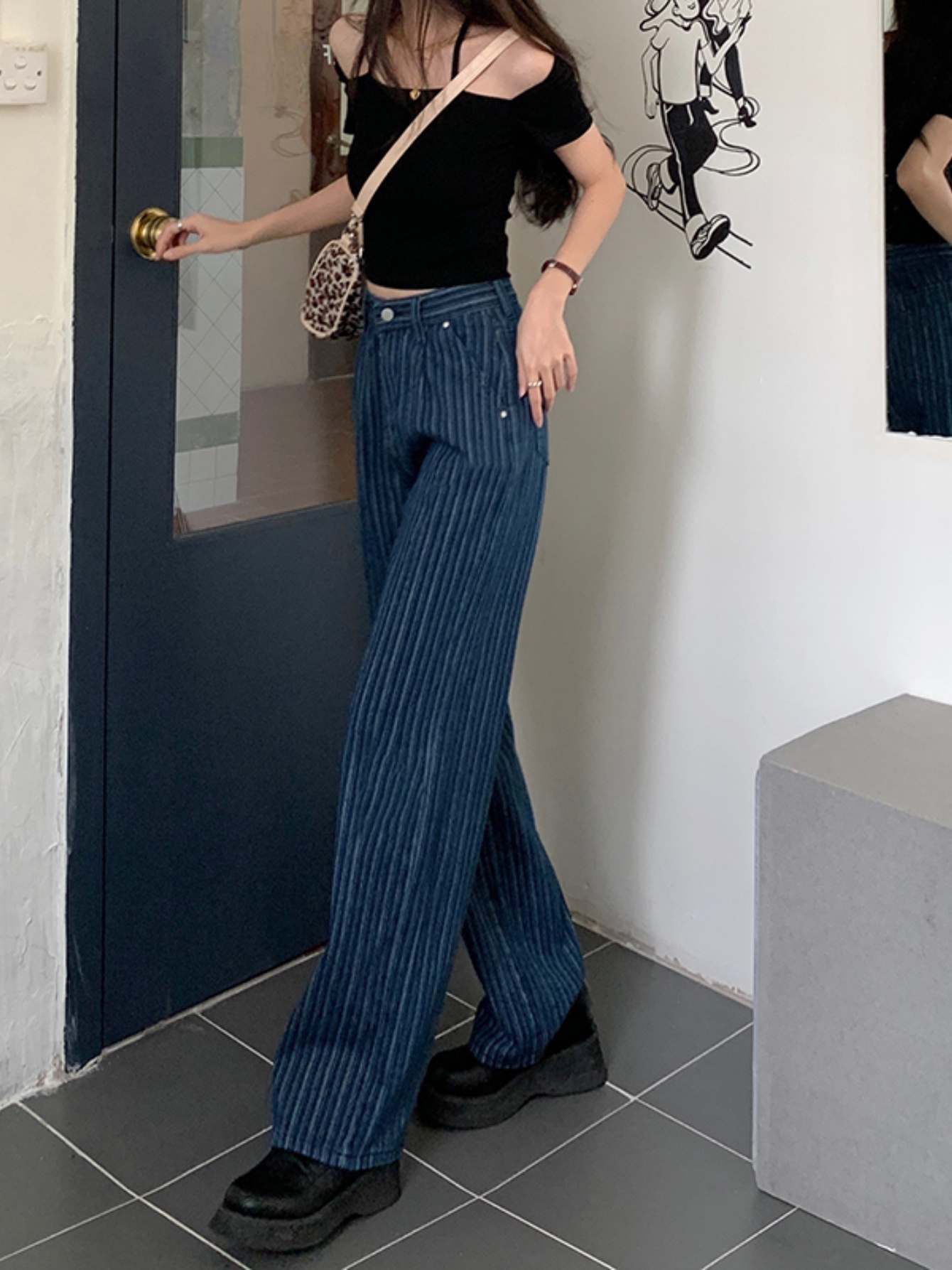 Striped Print Retro Style Straight Jeans Loose Fit Slant - Temu
