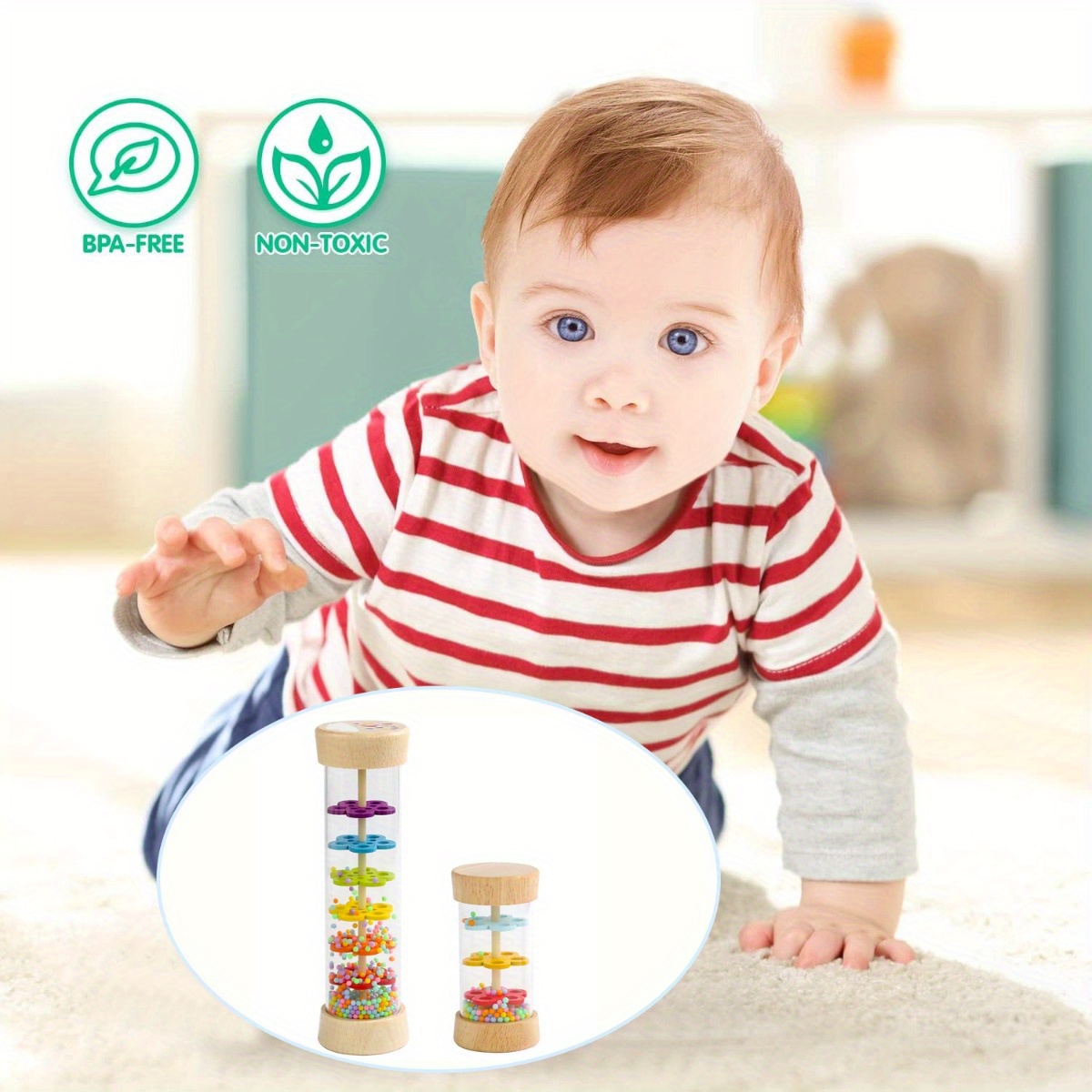 Juguetes Montessori de palo de lluvia de madera para bebés de 6 a 12 meses,  sonajero para bebés para el desarrollo sensorial, instrumento musical de g