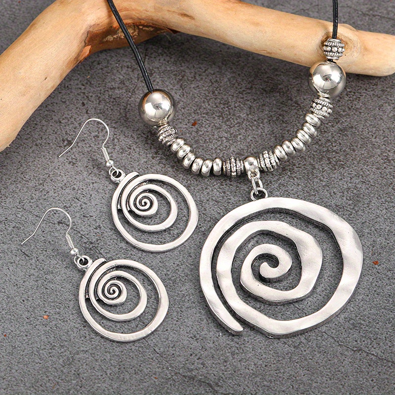 

1 Pair Of Earrings + 1 Necklace Boho Style Jewelry Set Retro Spiral Design Match Daily Outfits Party Accessories Tribal Jewelry