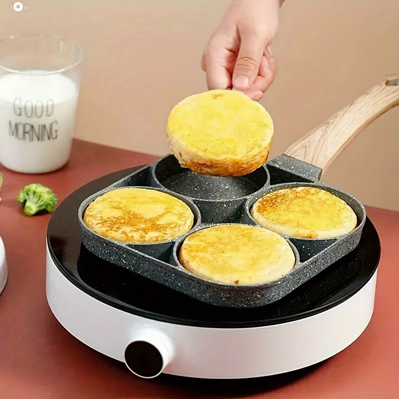 1pc Four-hole Omelette Pan Household Non-stick Omelette Pan Non-stick Ham  Pancake Machine Wooden Handle Omelette Burger Pan for restaurant/food truck/