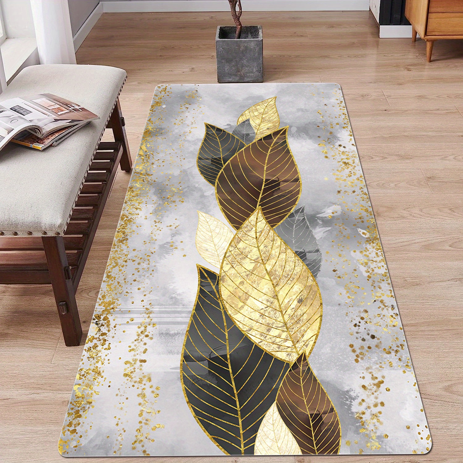 1pc Leaf Pattern Bath Mat, Modern Polyester Bath Rug For Bathroom