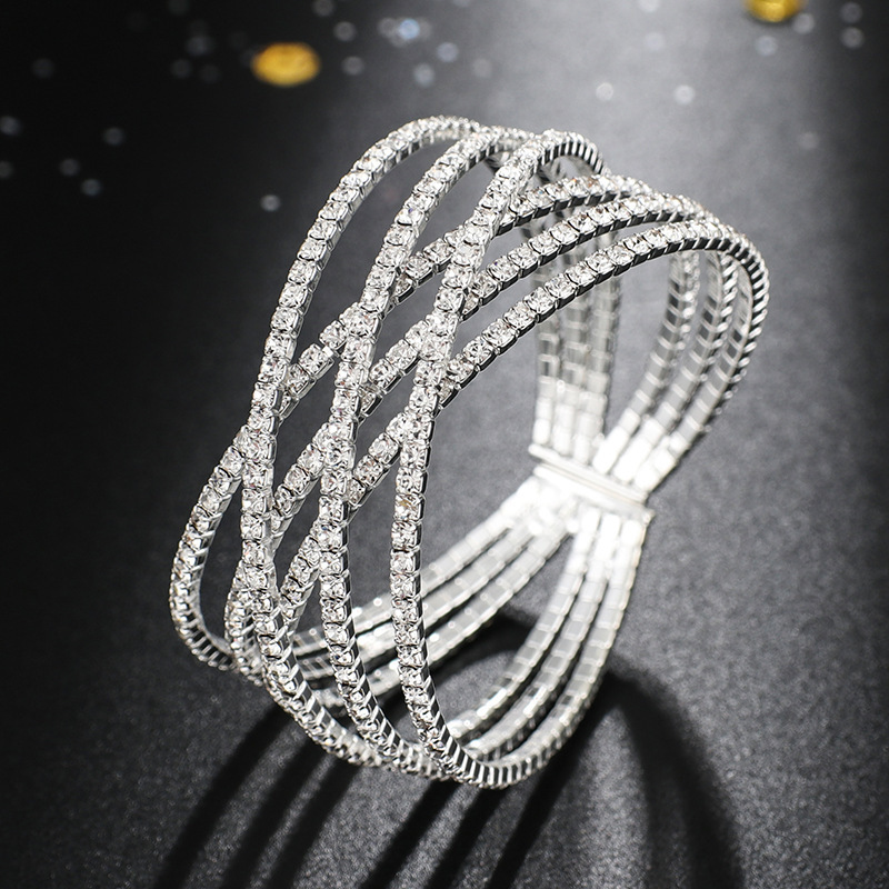 

Stylish Six-row Rhinestones Cross Personality Wire Bangle Claw Chain Cuff Bracelet Banquet Decor Hand Jewelry Gift