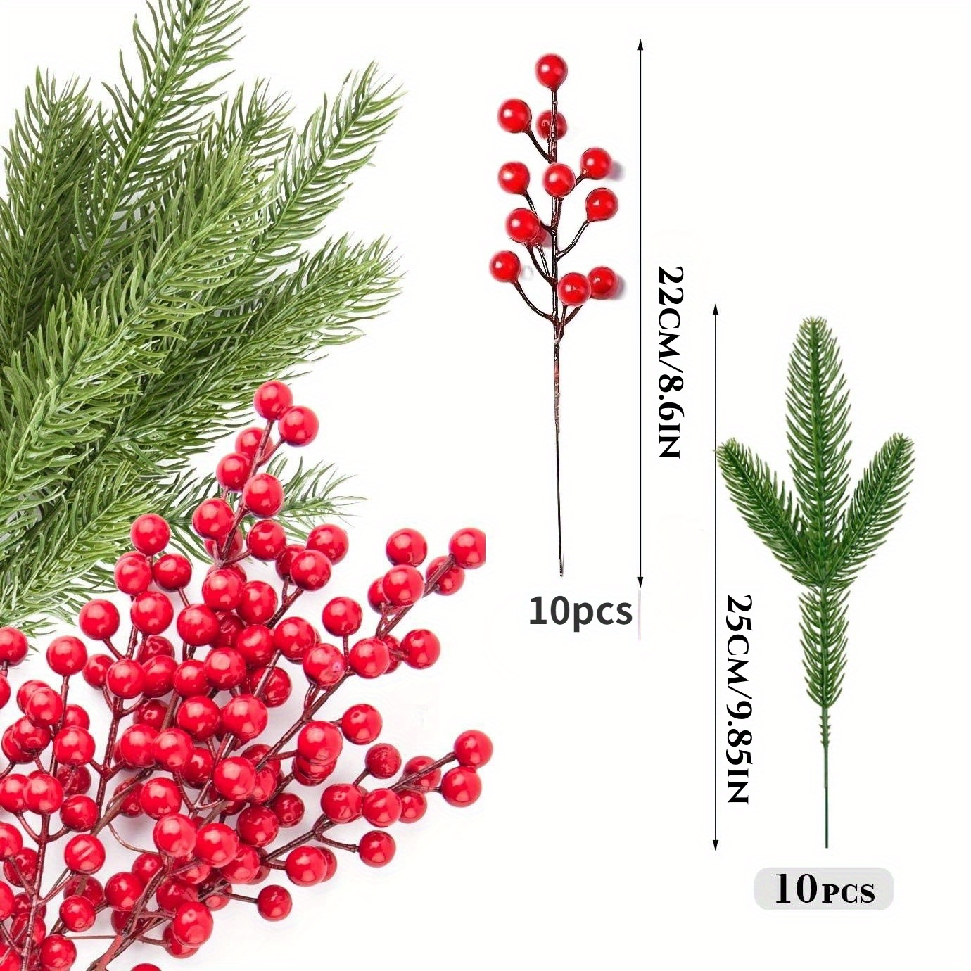 10 Pcs Christmas Berries Branch Artificial Red Holly Berry Stems