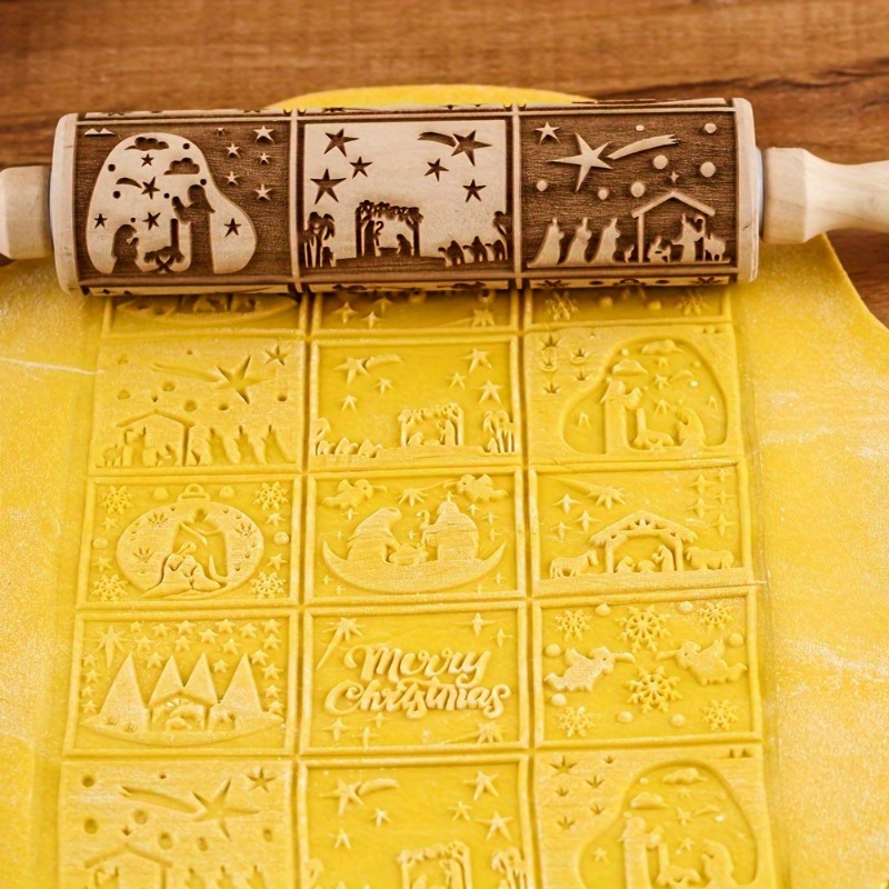 1pc, 13.7inch Wooden Embossing Rolling Pin With Buttlerfly Flower Pattern,  Deep Laser Engraving Wooden Roller Cookie Stamp Tool For Pastry, Cake Bakin