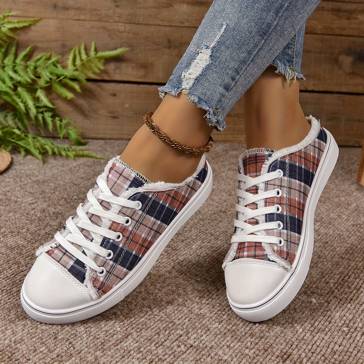 Women's Plaid Canvas Shoes Casual Trim Lace Flat - Temu