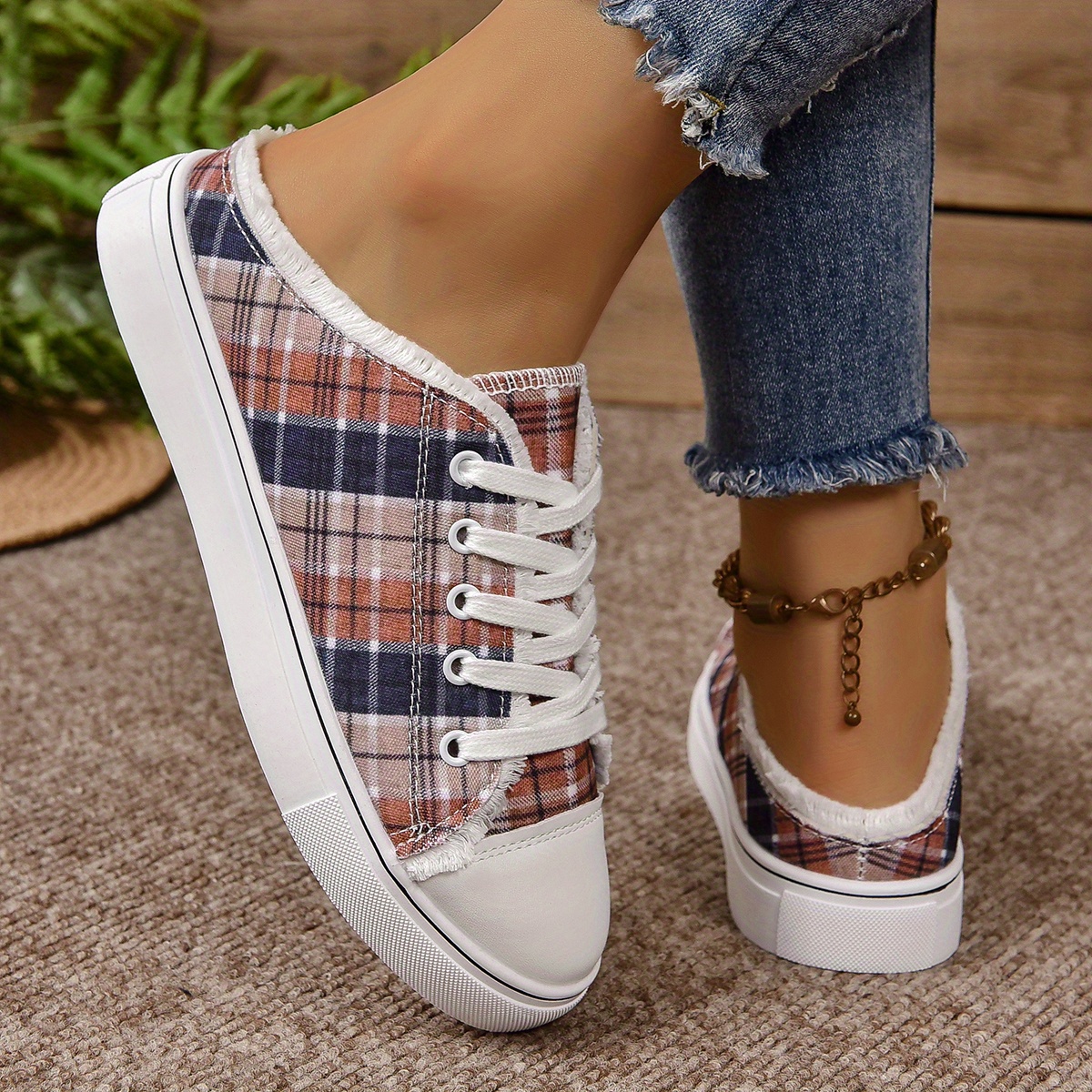 Cycle-Topshop Buffalo Plaid Slip On Shoes Flat Sole Lace Up Casual Canvas  Shoes For Women Christmas New