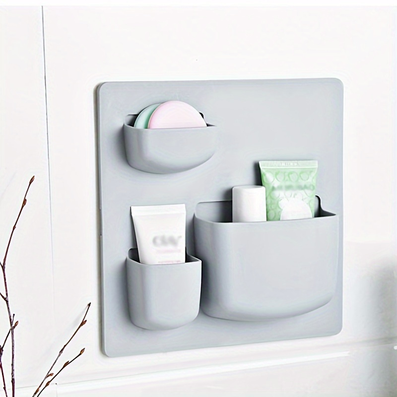 1pc wall mounted white bathroom storage rack, self adhesive PP