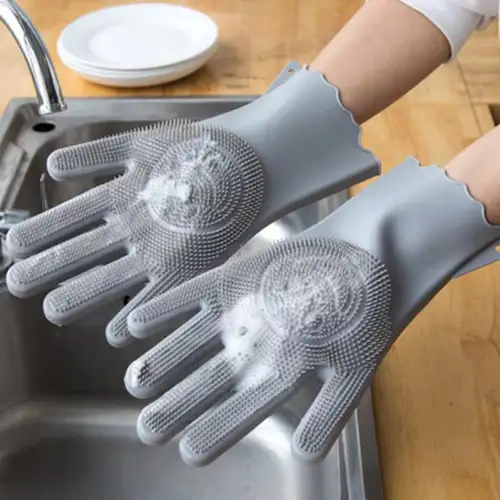 Gants de vaisselle en silicone - Gants de vaisselle réutilisables Brosse de  nettoyage résistant à la chaleur avec éponge Laveurs pour la cuisine  propre, les travaux ménagers, la salle de bain, le
