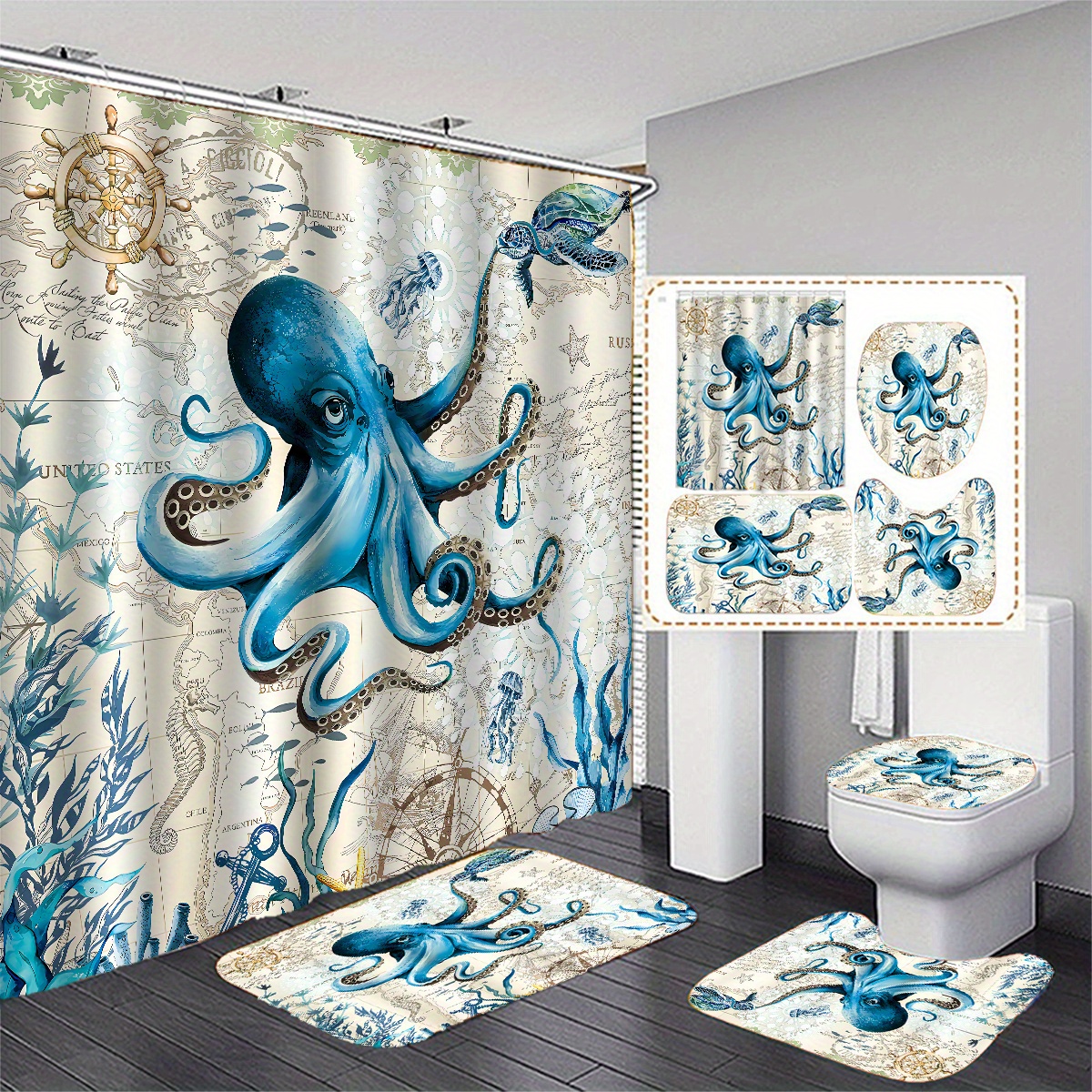 1 3 4pcs Octopus Starfish Pattern Shower Curtain Set - Temu United Kingdom