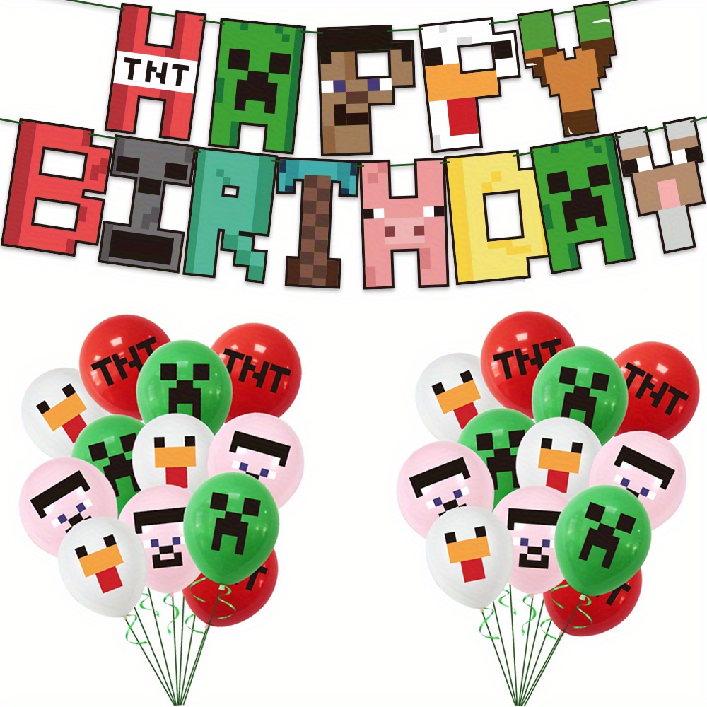 Minecraft Gaming Theme Kids Birthday Party Balloons Banner Cupcakes Topper  Sets 