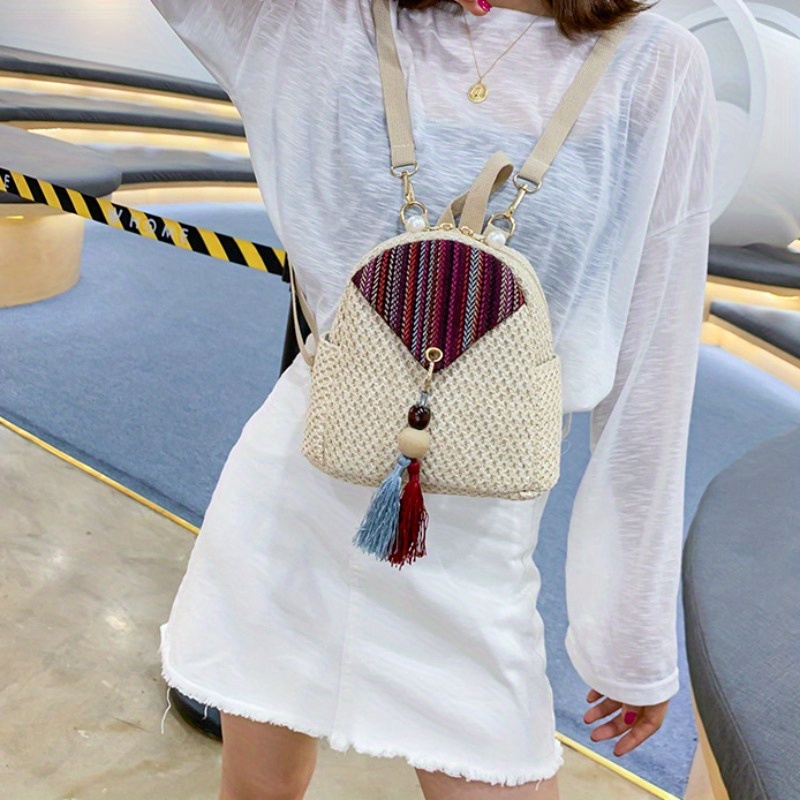 Straw Woven Designer Mini Backpack For Women Fashionable Stripe