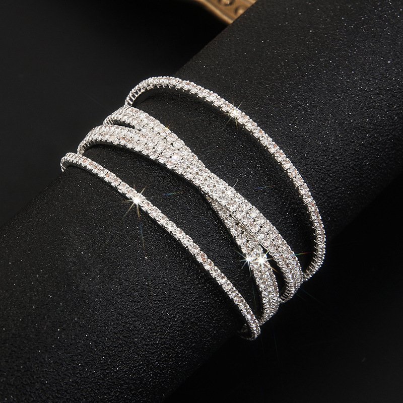 Rhinestone Steel Wide Bracelet Layer Cross Elastic Large Bracelet