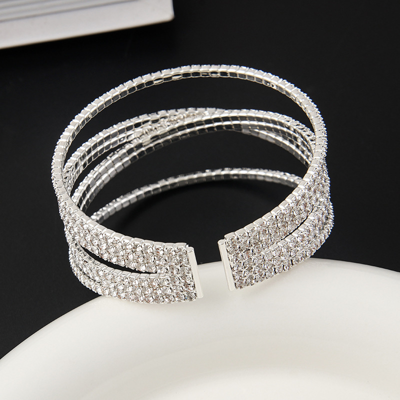 Rhinestone Steel Wide Bracelet Layer Cross Elastic Large Bracelet