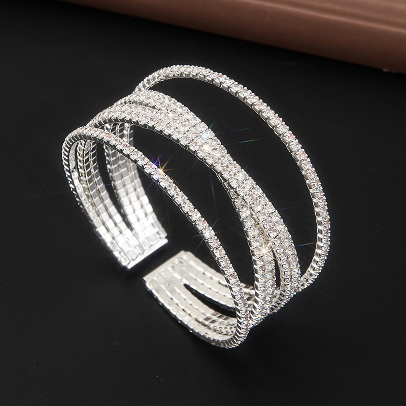 Rhinestone Steel Wide Bracelet Layer Cross Elastic Large Bracelet