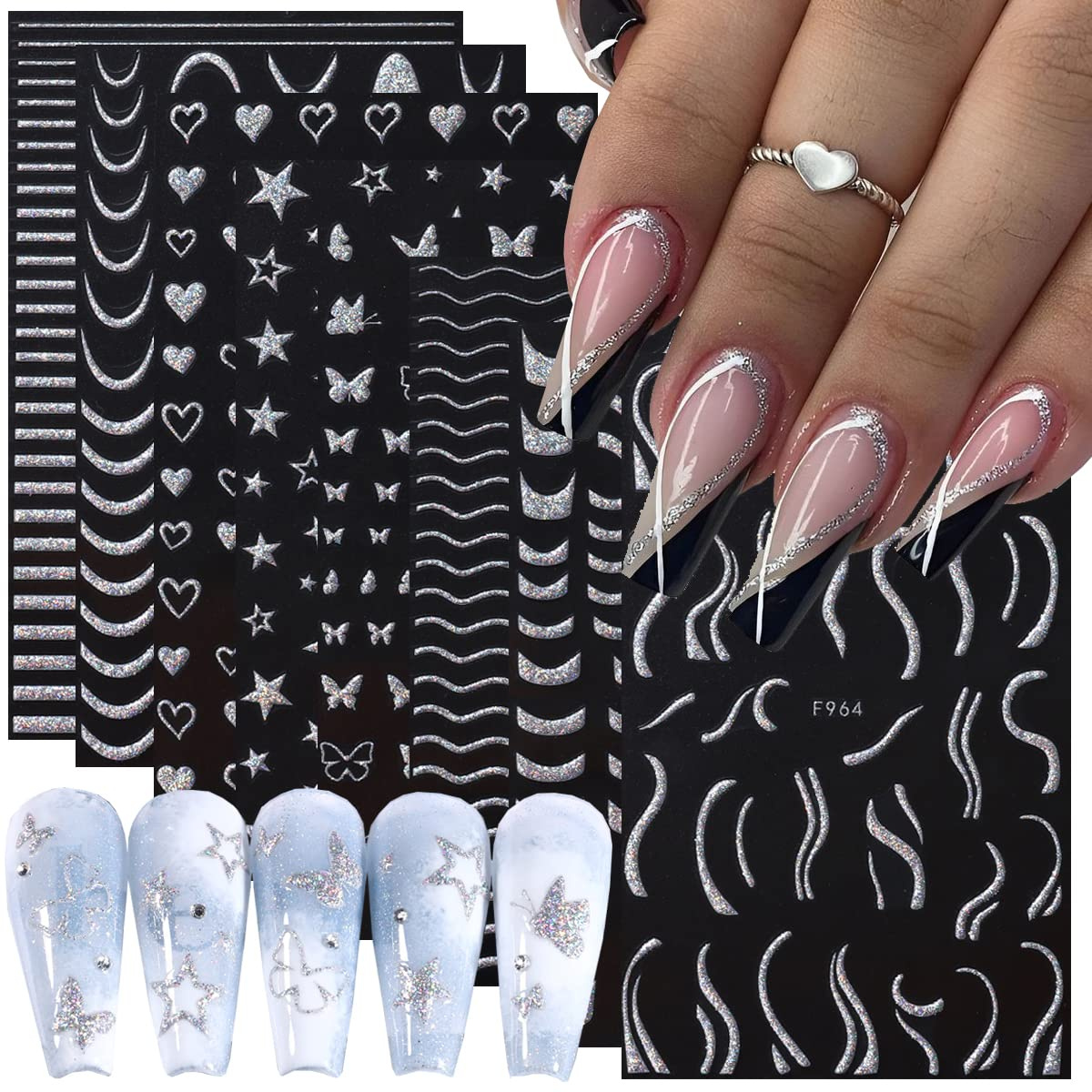 Reflective Glitter 3d Nail Stickers Decals laser Silver - Temu