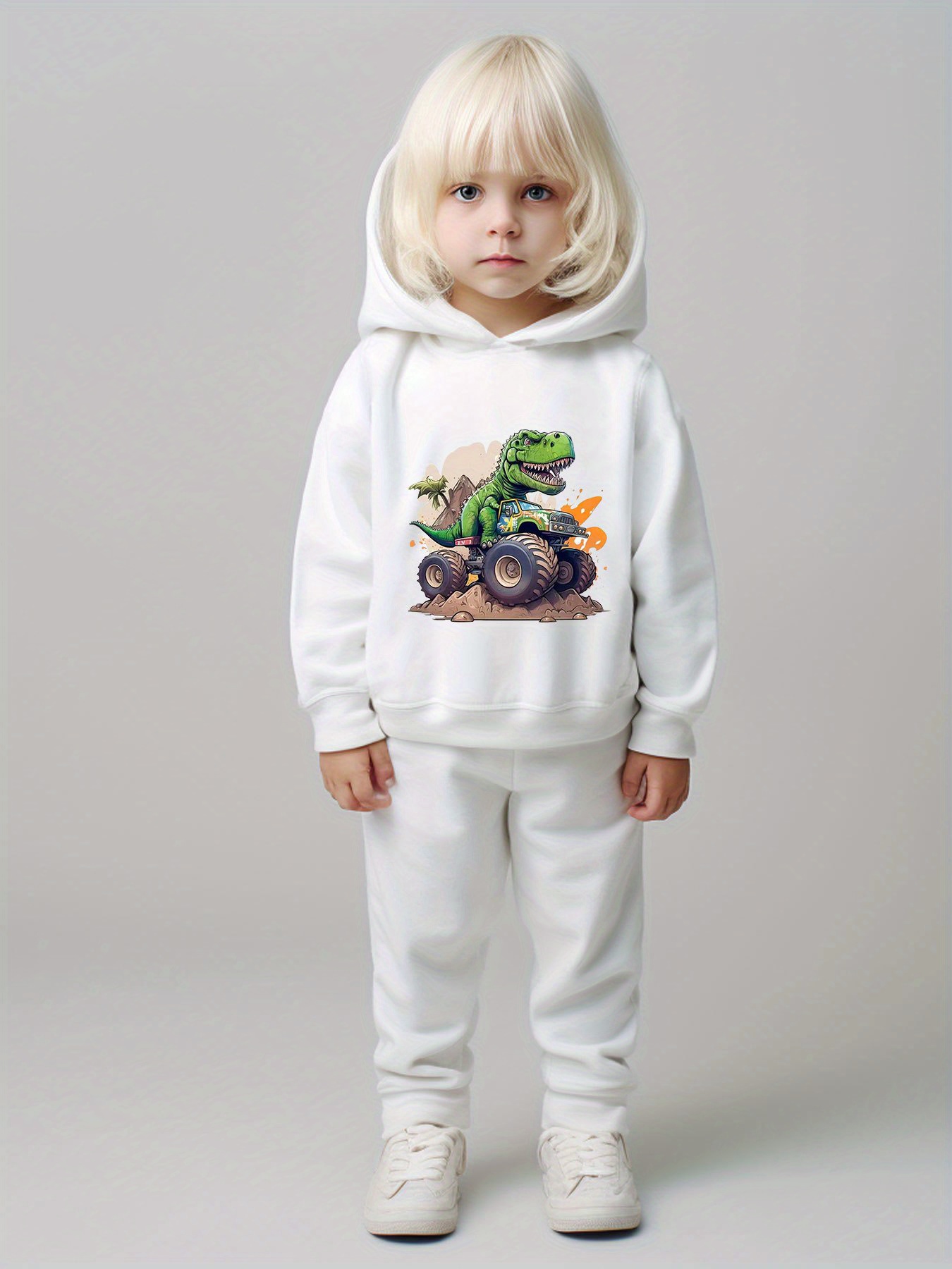 Meisjes Mode Tweedelige Set: Cartoon Truck * Print Lange Mouwen Hoodie en  Casual Veelzijdige Broek Outfit, Perfect voor Buiten, image size:800x1067