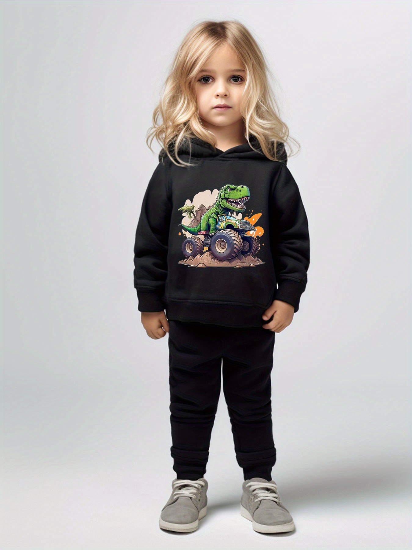 Meisjes Mode Tweedelige Set: Cartoon Truck * Print Lange Mouwen Hoodie en  Casual Veelzijdige Broek Outfit, Perfect voor Buiten, image size:800x1067