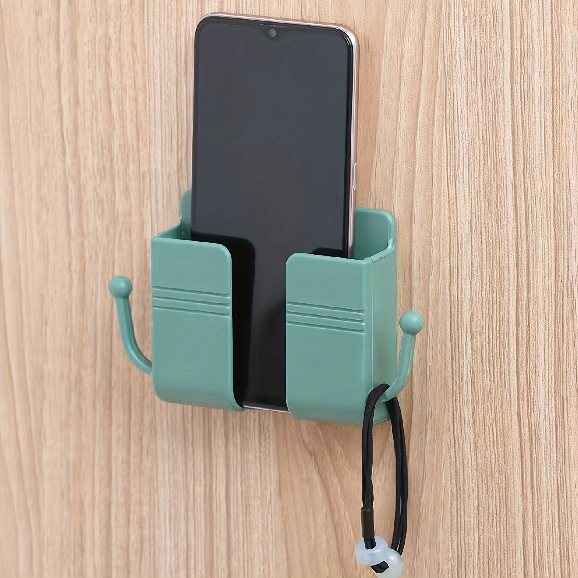 1pc Adhesive Wall Mount Phone Holder With Hooks, Storage Box For Mobile Phone Remote Control, Storage Box For Bedroom, Kitchen, Bathroom, Office