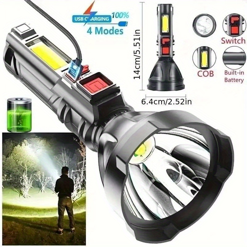 1pc Mini Searchlight, Portable Home Torch, 4 Modes, LED Flash Light With Build In Battery, USB Rechargeable, Fishing Flashlight, Cob Work Light, Outdoor Camping Cycling, Hiking Emergency Lantern