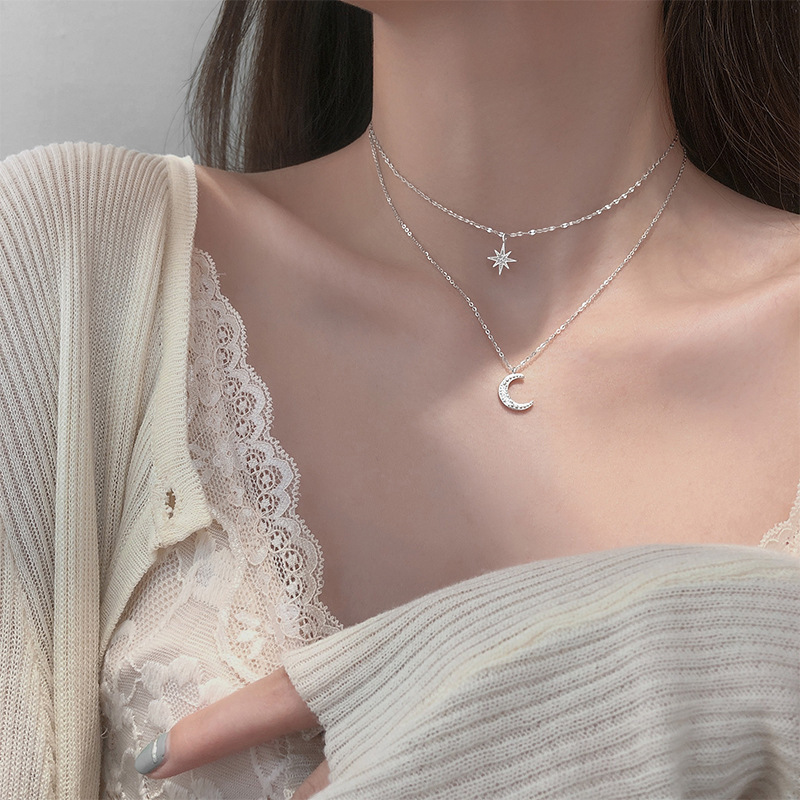 Collar de doble capa con estrellas y luna de diamantes de imitación plateados de lujo, cadena para la clavícula femenina, regalo para Eid, Ramadán.