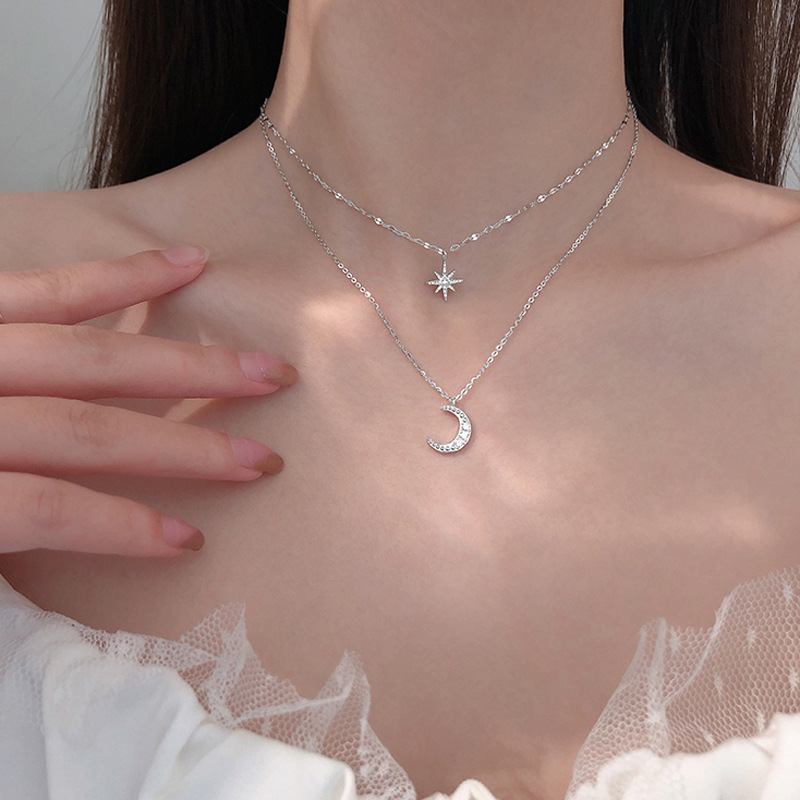 Collar de doble capa con estrellas y luna de diamantes de imitación plateados de lujo, cadena para la clavícula femenina, regalo para Eid, Ramadán.