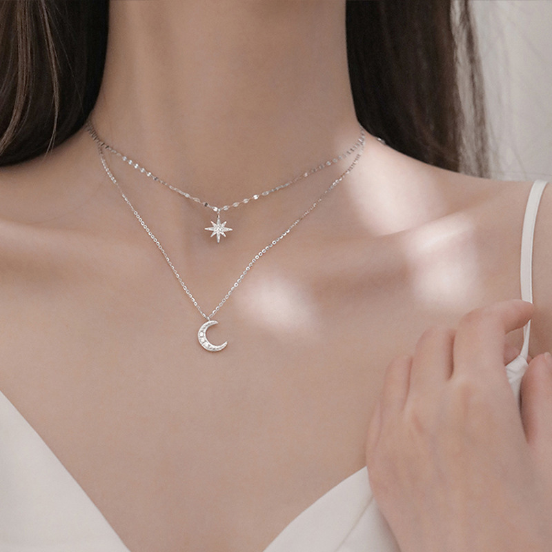 Collar de doble capa con estrellas y luna de diamantes de imitación plateados de lujo, cadena para la clavícula femenina, regalo para Eid, Ramadán.