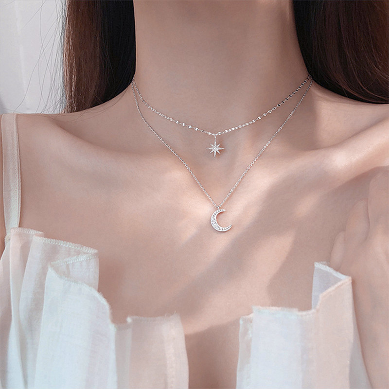 Collar de doble capa con estrellas y luna de diamantes de imitación plateados de lujo, cadena para la clavícula femenina, regalo para Eid, Ramadán.