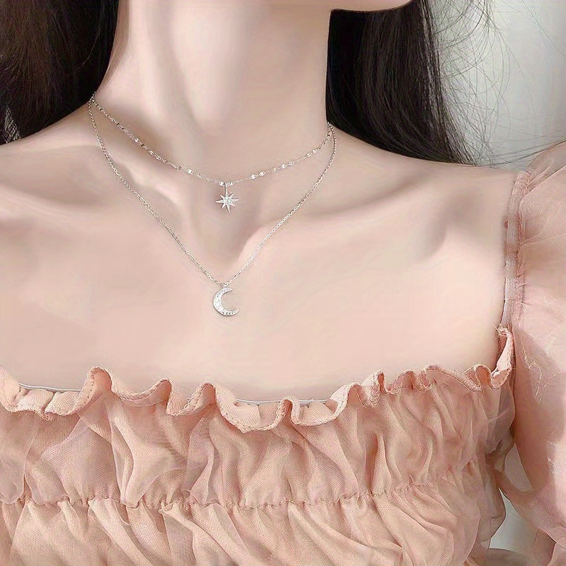 Collar de doble capa con estrellas y luna de diamantes de imitación plateados de lujo, cadena para la clavícula femenina, regalo para Eid, Ramadán.