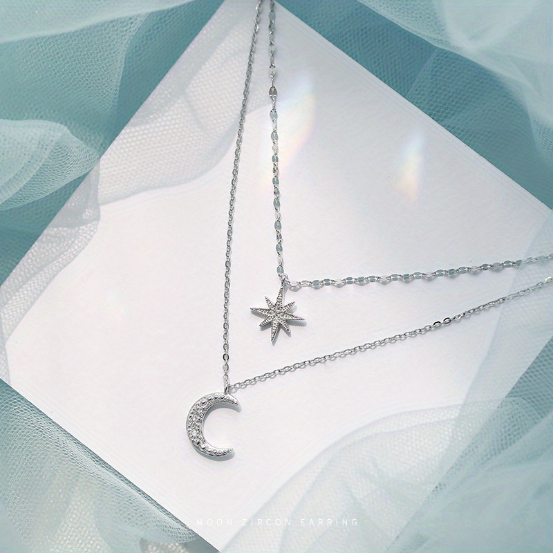 Collar de doble capa con estrellas y luna de diamantes de imitación plateados de lujo, cadena para la clavícula femenina, regalo para Eid, Ramadán.