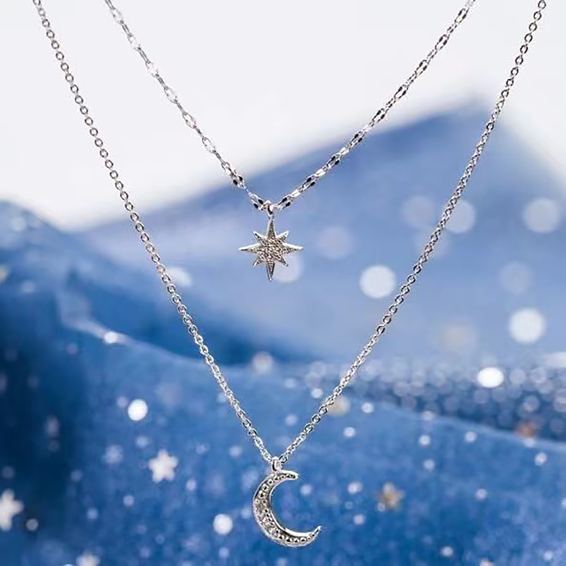 Collar de doble capa con estrellas y luna de diamantes de imitación plateados de lujo, cadena para la clavícula femenina, regalo para Eid, Ramadán.
