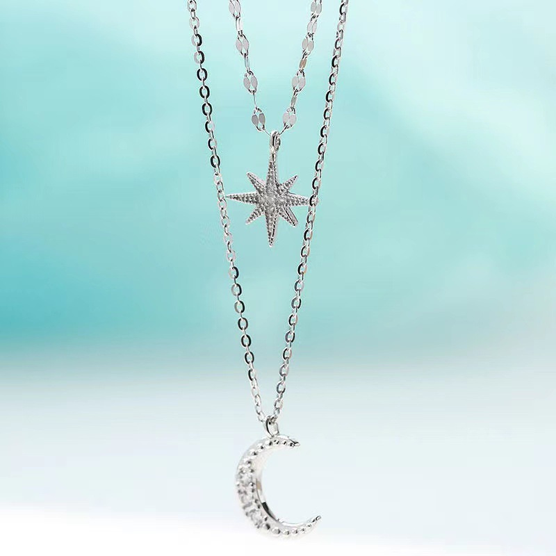 Collar de doble capa con estrellas y luna de diamantes de imitación plateados de lujo, cadena para la clavícula femenina, regalo para Eid, Ramadán.