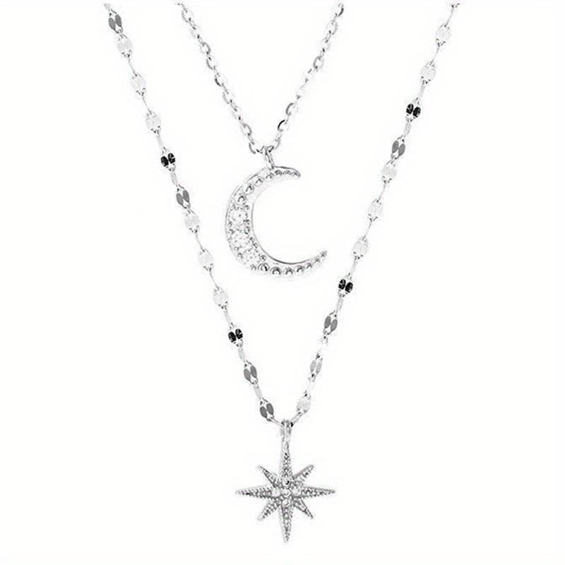 Collar de doble capa con estrellas y luna de diamantes de imitación plateados de lujo, cadena para la clavícula femenina, regalo para Eid, Ramadán.