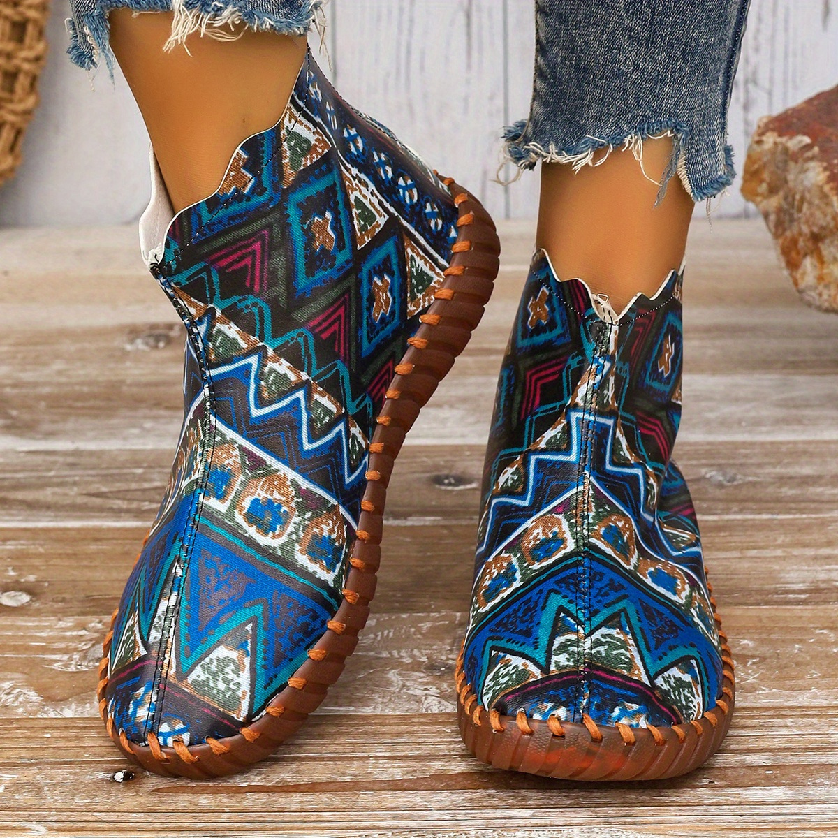 Women s Geometric Pattern Short Boots Casual Back Zipper Temu