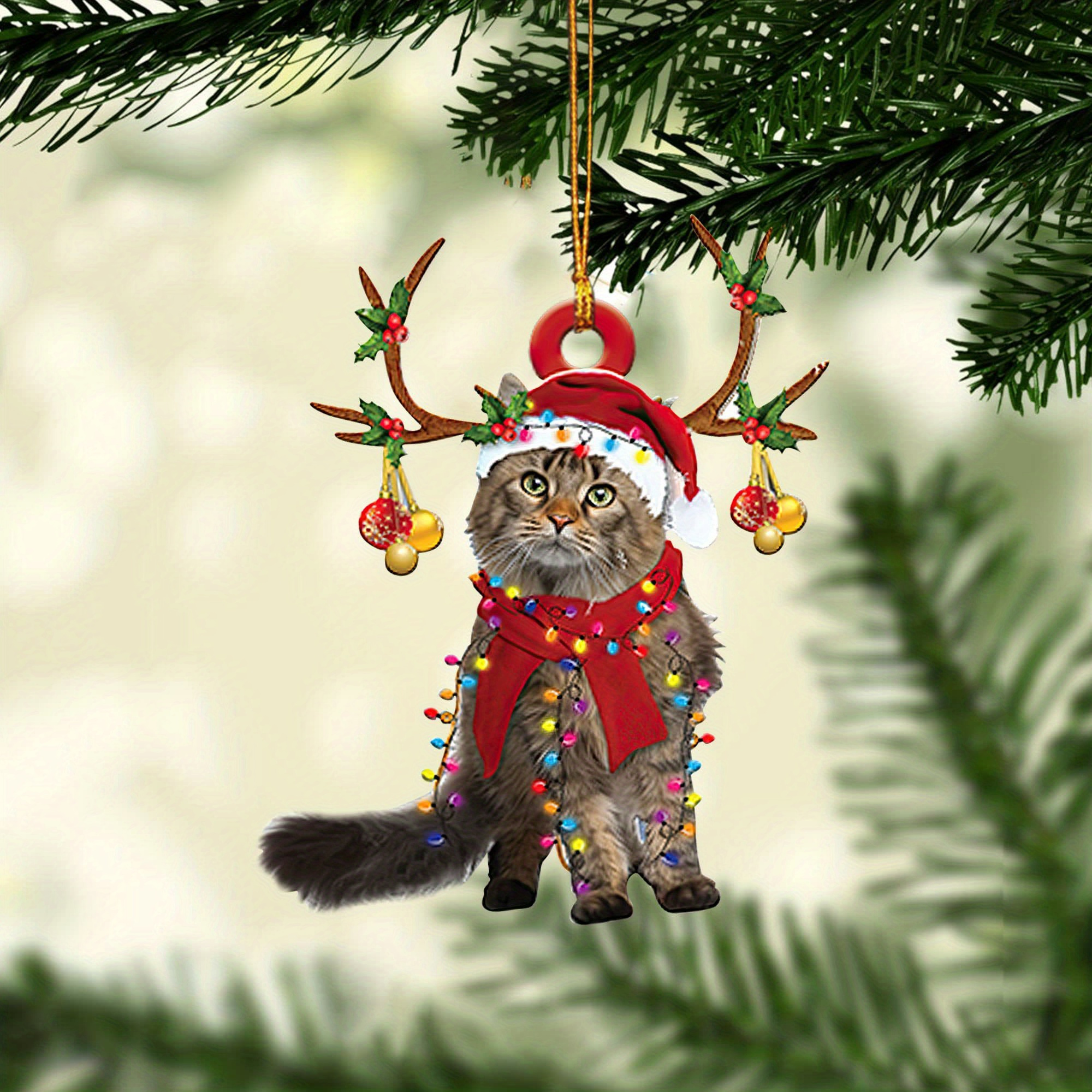 1 Stück, Maine-Coon-Katze Mit Weihnachtsmütze, Rentier Mit Lichterketten,  2D-Flachauto-Rückspiegel, Zubehör, Weihnachtsbaumschmuck, Dekoration