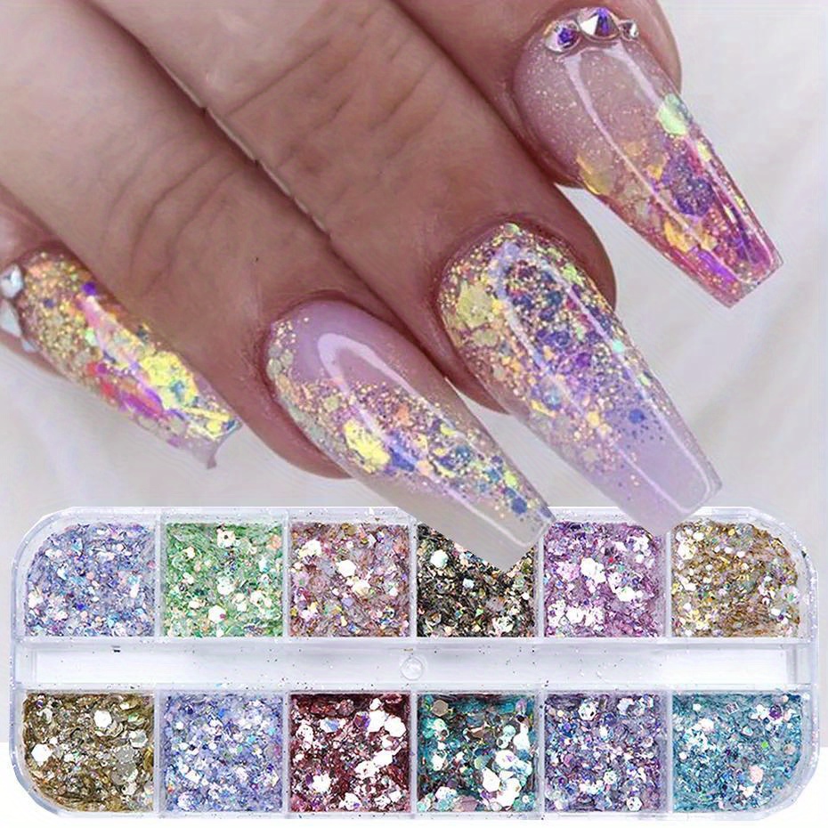 6 Can Holographic Nail Art Sequins,6 Color Mermaid Nail Flakes,Hexagon  Chunky Nail Glitter Sequin For DIY Nail Art Decoration Phone Case Decoration