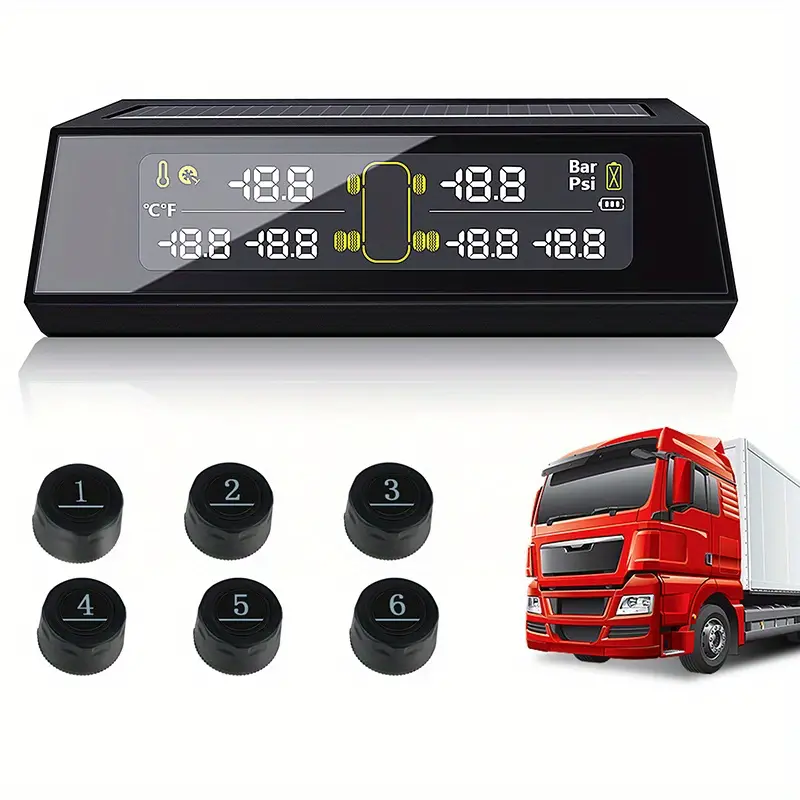 Solar Wireless TPMS With 6 Tire External Sensors Digital LCD Display RV  Auto Security Alarm, RV/Car/Bus/Truck TPMS Tire Pressure Monitoring System