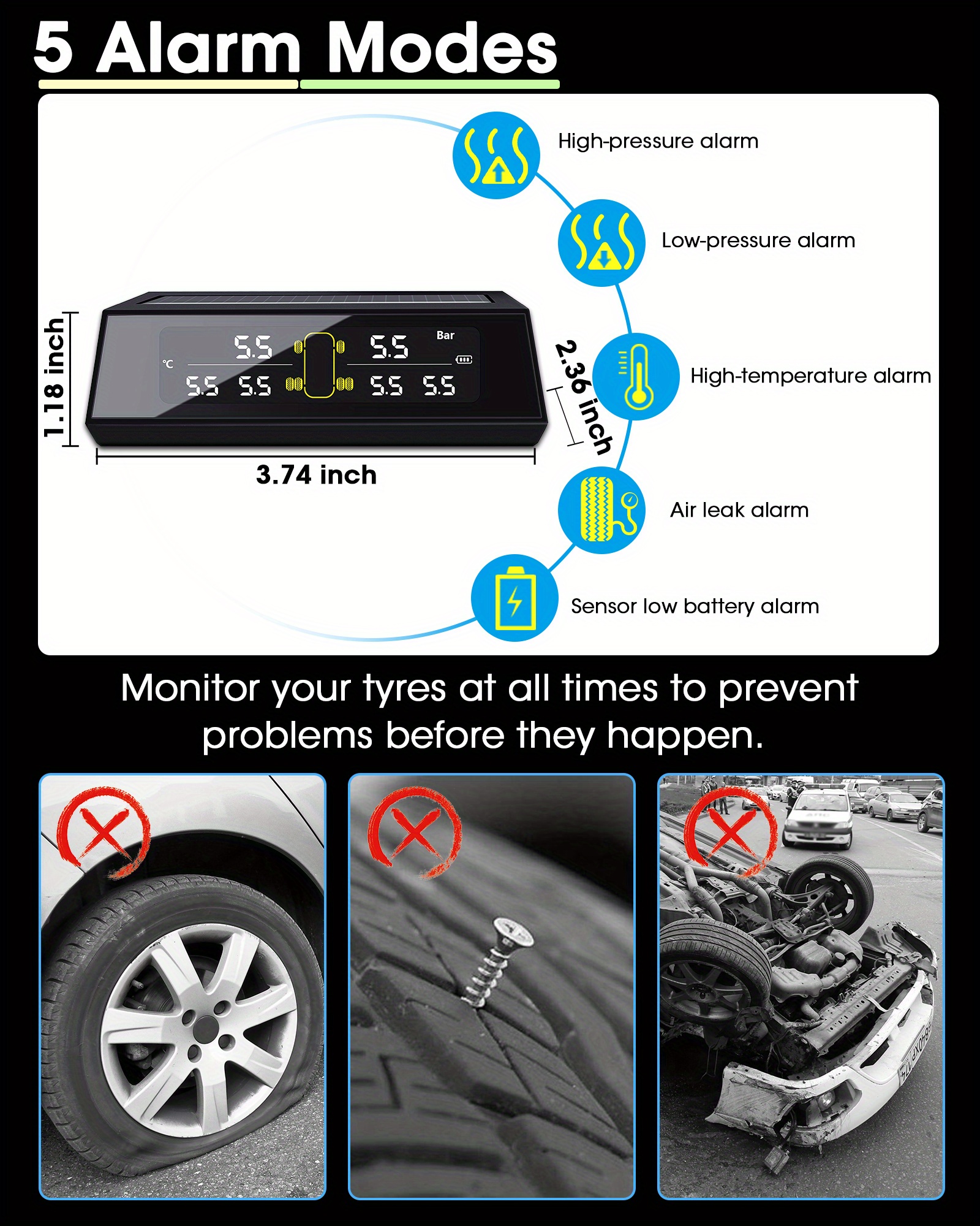 3T6B Wireless TPMS Tire Pressure Monitoring System 5 Alarm Modes, Solar  Power and USB Charge with Auto Sleep Mode, LCD Display, 4 TPMS Sensors,  Real