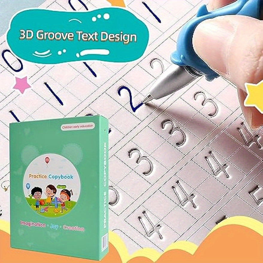 Reusable 3D Groove Magic Handwriting Practice Book Set for Kids