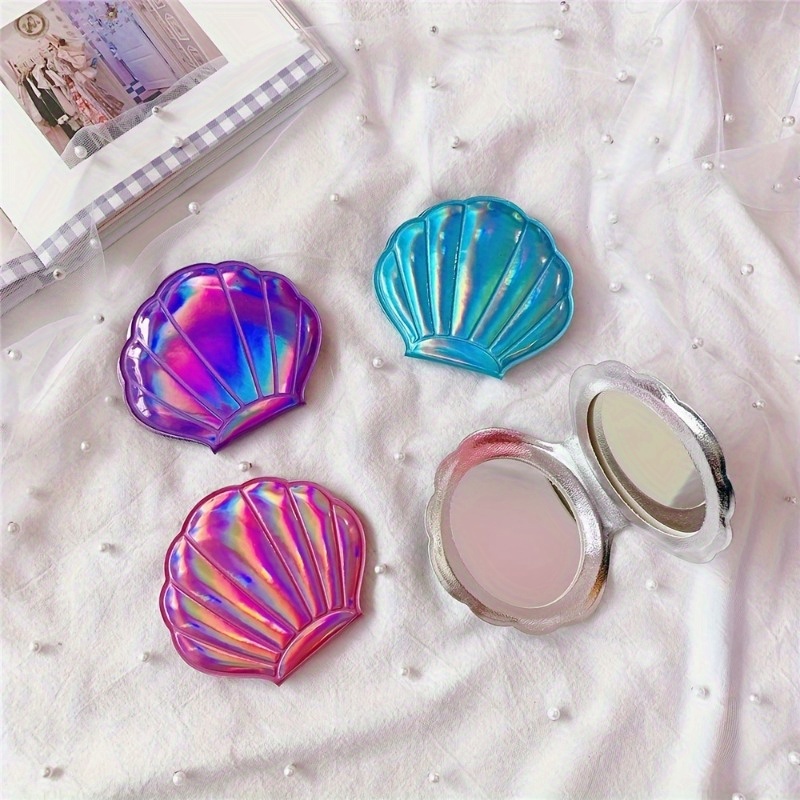 

1pc Shell Glitter Bling Mirror, Double-sided Foldable Makeup Mirror, Fantasy Laser Color Makeup Accessories For Travel & Daily Use